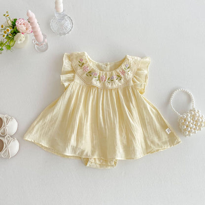 【BABY】夏新作 ラウンドネック刺繍フリルロンパースSK070110