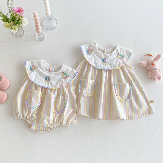 【姉妹服】夏新作 刺繍セーラー舟ロンパース、ワンピースSK072316