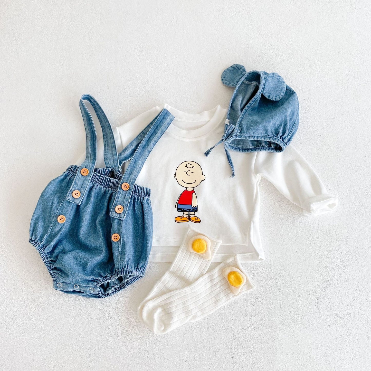 【BABY】デニムサロペロンパース＆クマ耳帽子&ＴシャツSK031801