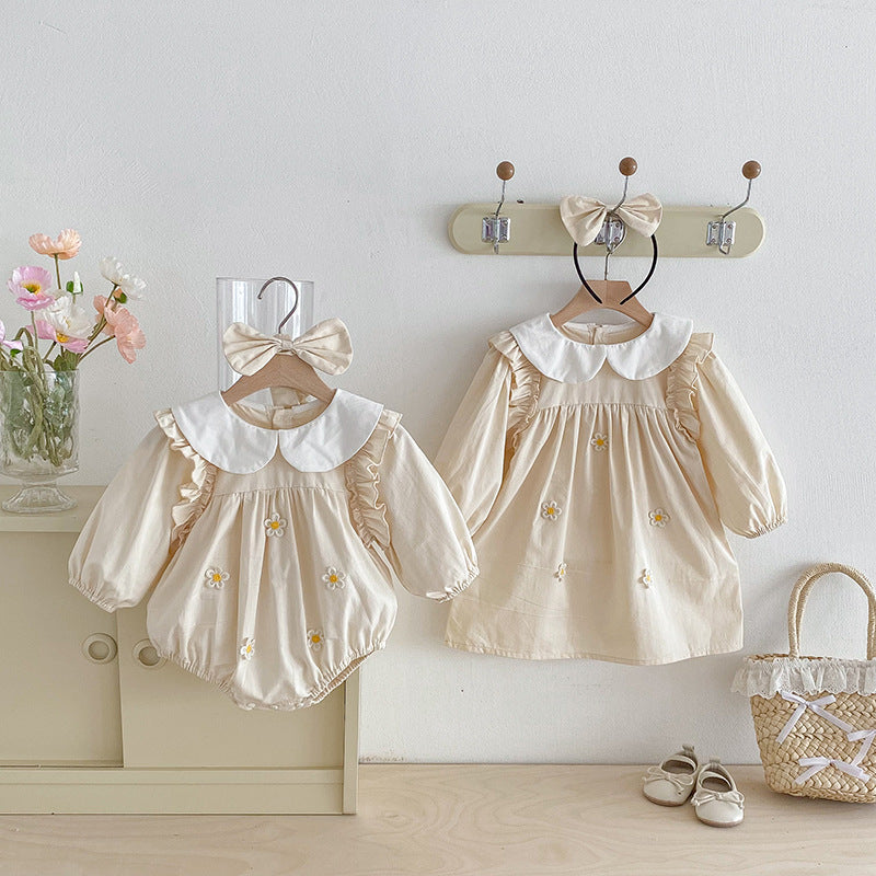 【姉妹服】小花イエローフラワーロンパース、ワンピースSK101115