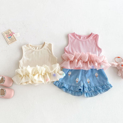 【BABY&KID】夏新作 スイートノースリーブトップス、デニムパンツSK080616