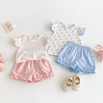 【BABY&KID】夏新作 ニットフリル袖Tシャツ、ョートパンツSK080615