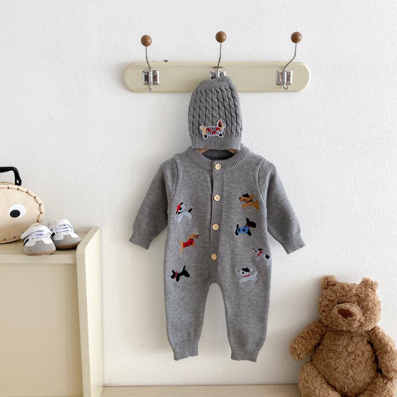 【BABY】ワンちゃん刺繍ニットカバーオール＆帽子SK092505