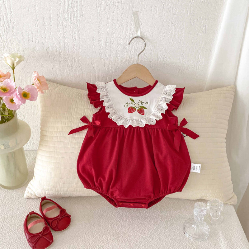 【BABY】夏新作 いちご刺繍ロンパースSK081507