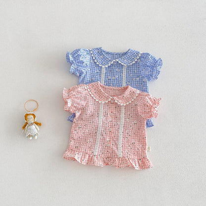 【BABY&KID】夏新作小花柄レースフリルシャツ、パンツSK105022