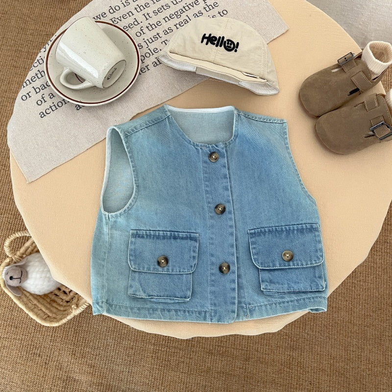 【BABY&KID】ストライプシャツ、デニムベスト、アーモンドパンツSK100224