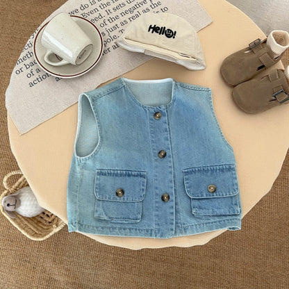 【BABY&KID】ストライプシャツ、デニムベスト、アーモンドパンツSK100224