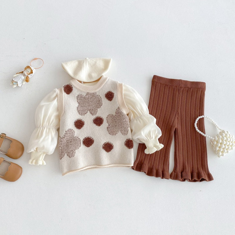 【BABY&KID】花柄ベスト&パフ袖トップス&ニットパンツ3点セットSK100332
