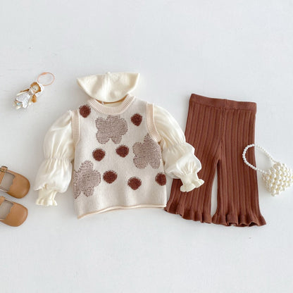 【BABY&KID】花柄ベスト&パフ袖トップス&ニットパンツ3点セットSK100332