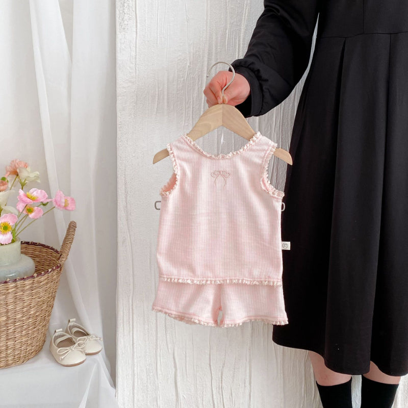 【BABY】夏新作 蝶結び刺繍無地セットアップSK092218