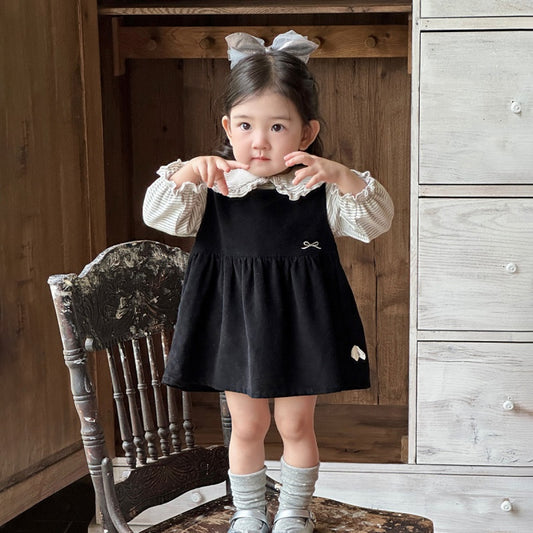 【BABY】韓国風蝶結び刺繍ワンピース、丸襟ボーダートップスSK104024