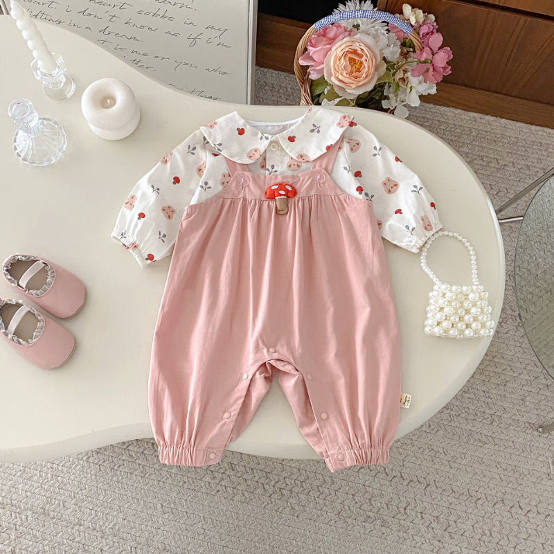 【BABY】小さな襟シャツ＆きのこサロペット2点セットSK092302