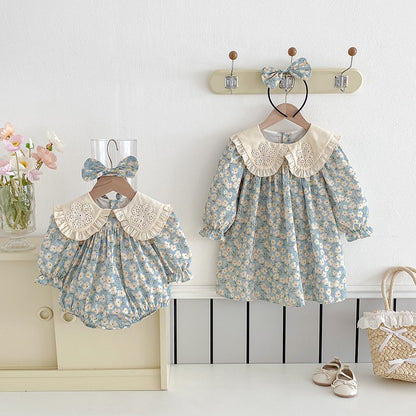 【姉妹服】花刺繍襟ロンパース、ワンピースSK101135