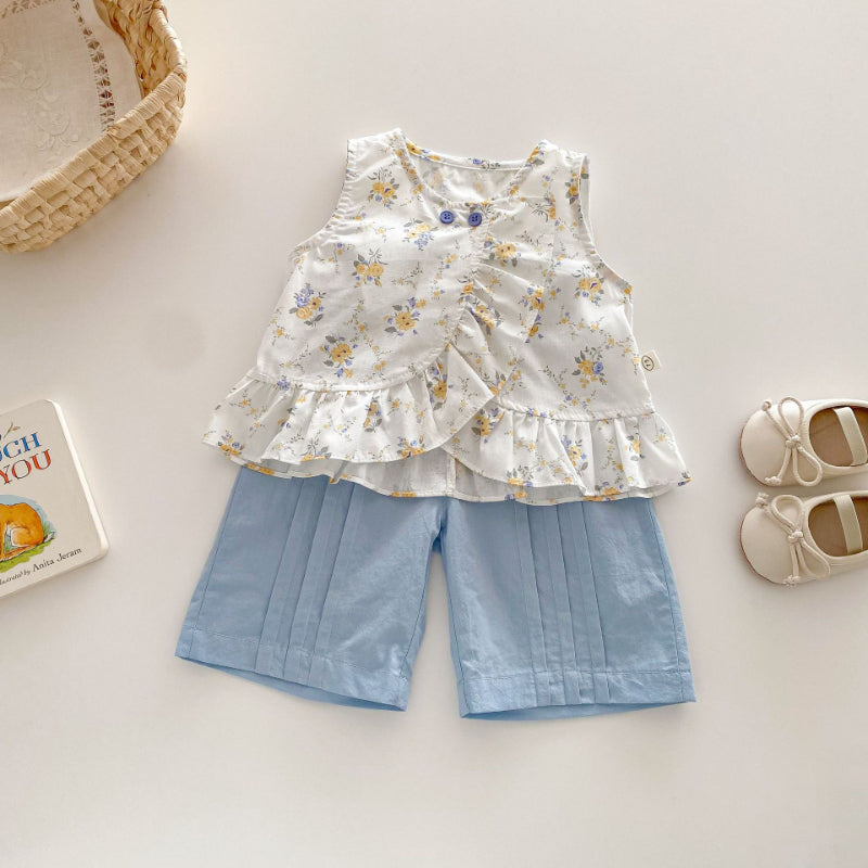 【BABY&KID】夏新作 小花柄トップス＆無地ロングパンツセットSK070206