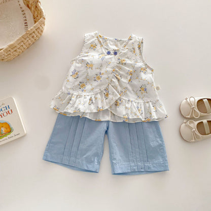 【BABY&KID】夏新作 小花柄トップス＆無地ロングパンツセットSK070206