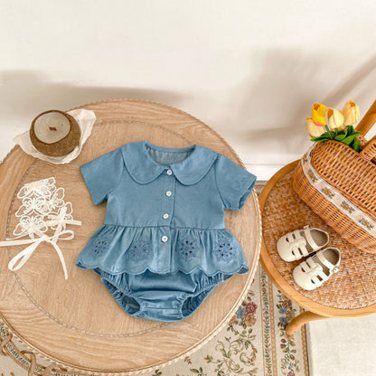 【BABY】夏新作 デニム刺繍トップス＆ショーツセットアップSK071915