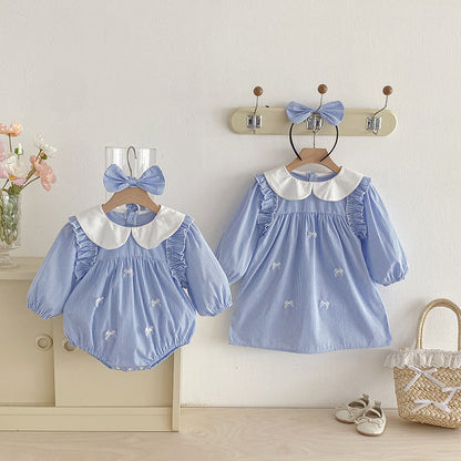【姉妹服】ブルーストライプロンパース、ワンピースSK101113