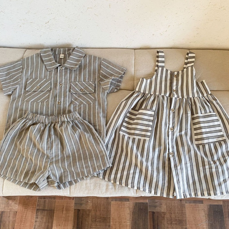 【BABY＆KID】夏新作 ストライプシャツセット、サスペンダーワンピースSK063021