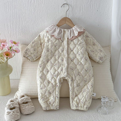 【BABY】冬新作花柄フリル襟キルティング裏起毛カバーオールSK102717