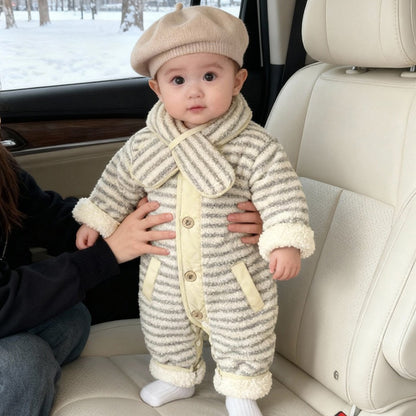 【BABY】冬新作グリーン×グレーボーダーカバーオール&マフラーSK103206