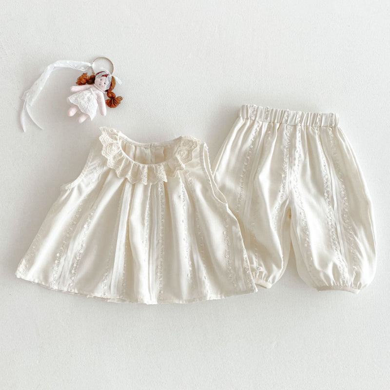 【BABY&KID】夏新作 ノースリーブレース襟トップス＆パンツセットSK070205
