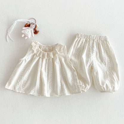 【BABY&KID】夏新作 ノースリーブレース襟トップス＆パンツセットSK070205