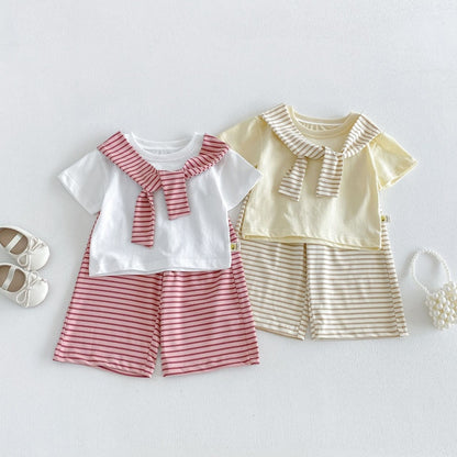 【BABY&KID】夏新作ケープ風半袖Tシャツ＆ボーダーワイドパンツSK105801