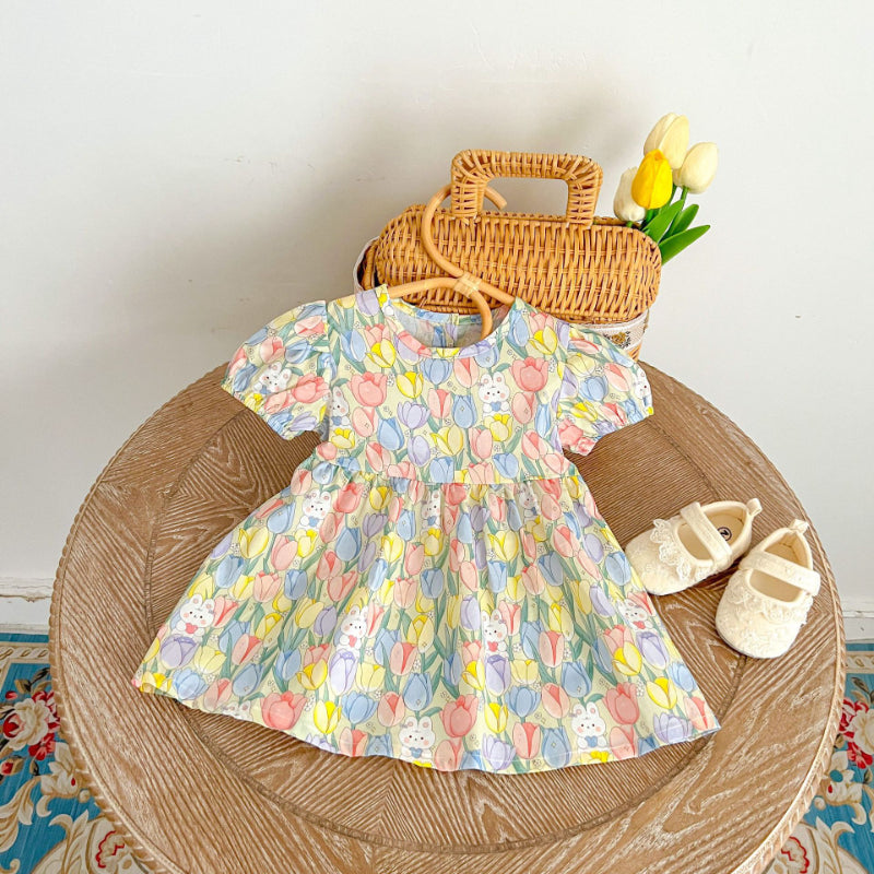 【BABY&KID】夏新作 花柄うさぎロンパース、ロンパースワンピ、ワンピースSK090713