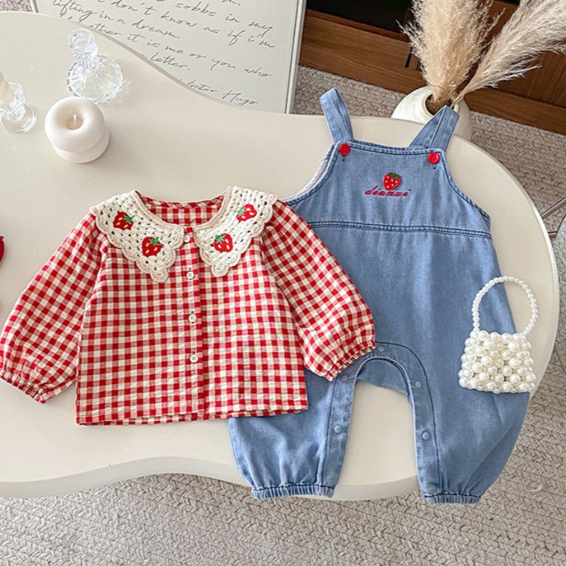 【BABY】いちごチェックブラウス&いちご刺繍サロペットSK100804