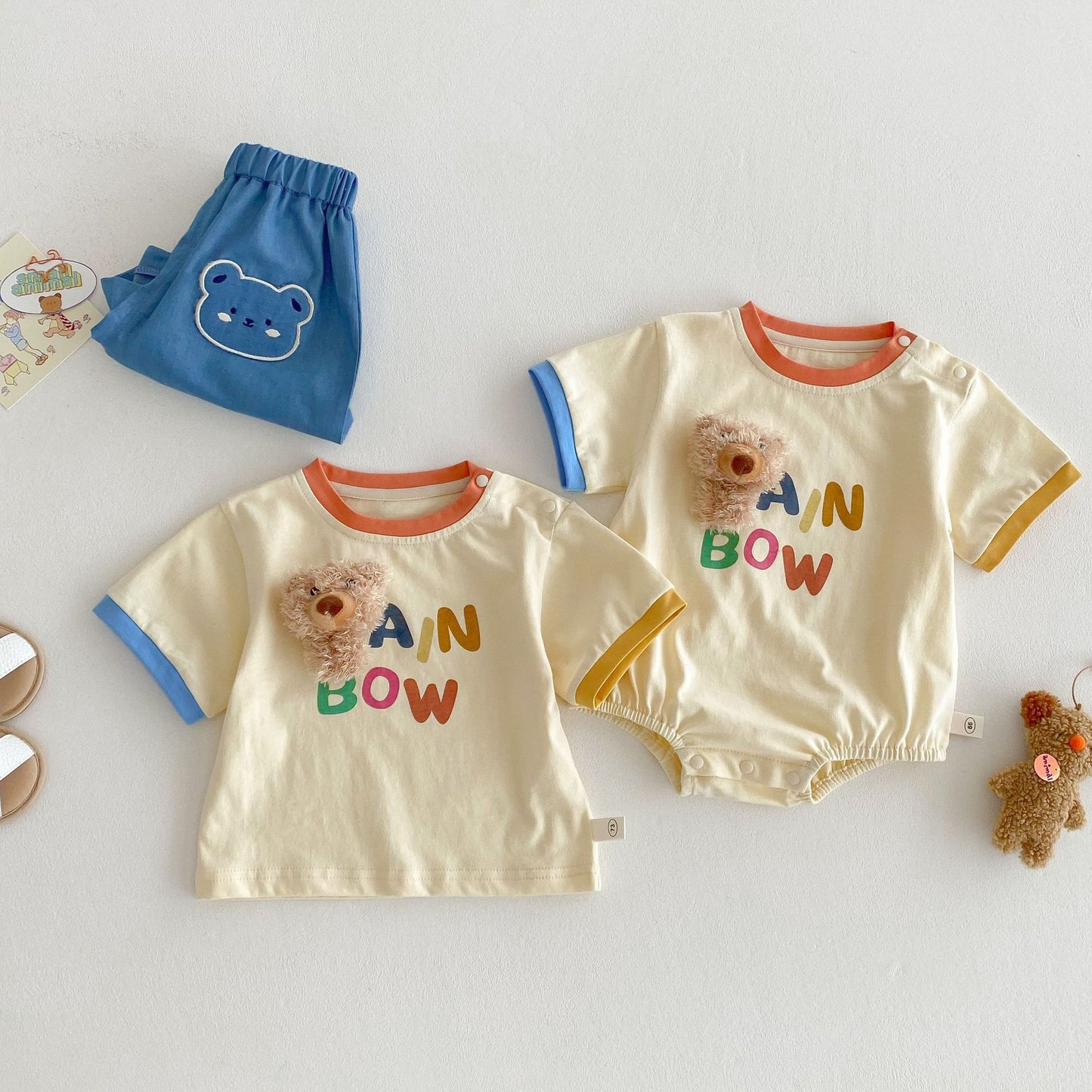 【BABY】夏新作  カラーバリBOWベアロンパース、Ｔシャツ、パンツSK061607