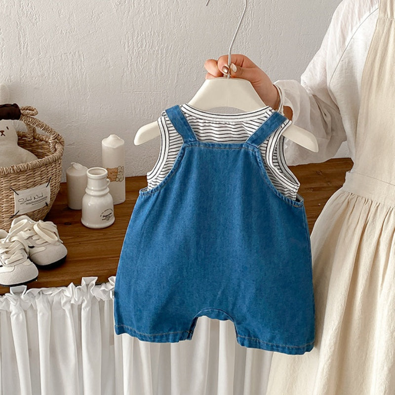 【BABY】夏新作大きめポケット刺繍サロペット＆ボーダータンクトップSK104505