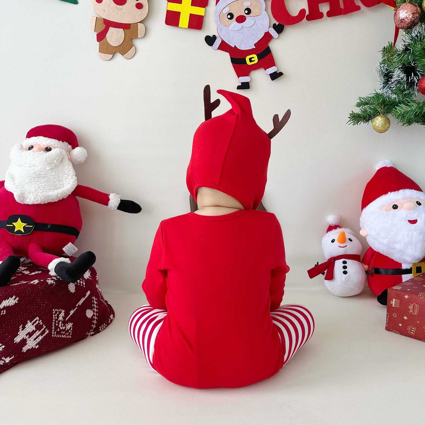 【BABY】トナカイ柄ロンパース、ボーダーレギンスセットSK102822