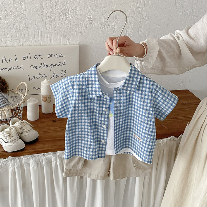 【BABY】夏新作シンプルチェックシャツ、カートゥーンベスト、ショートパンツSK105316