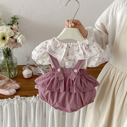 【BABY】夏新作フリル襟小花柄ブラウス＆サロペットロンパースSK104508