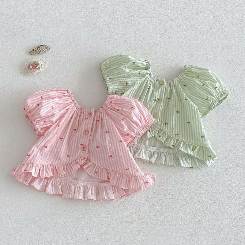【BABY&KID】夏新作 フリルパフスリーブブラウス、レース裾パンツSK105218