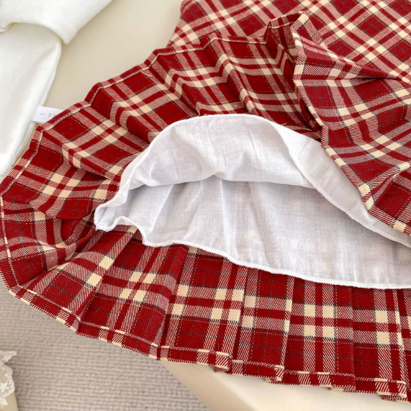 【BABY&KID】学院風チェックワンピース、さくらんぼ刺繍襟ＴシャツSK100842