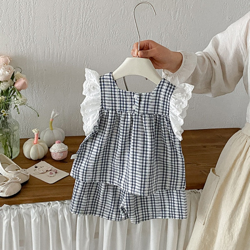 【BABY】夏新作チェックフリルスリーブセットアップSK104812