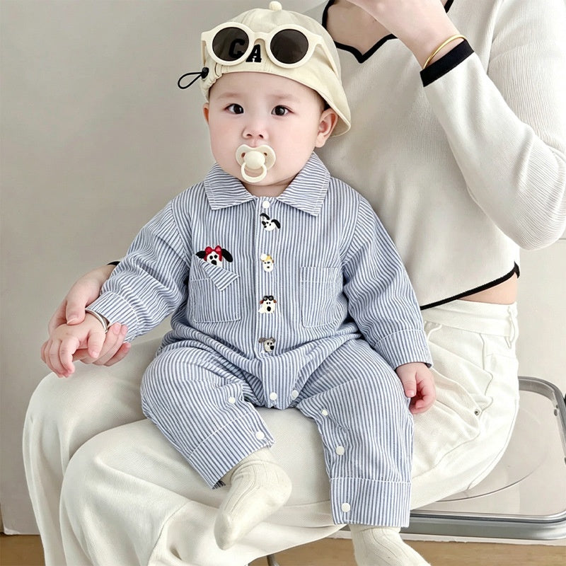 【BABY】ブルーピンストライプいぬ刺繍カバーオールSK106713