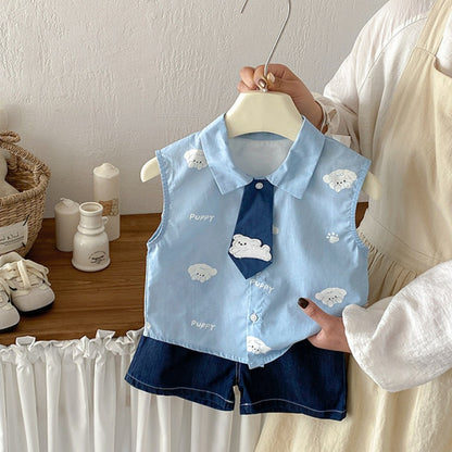 【BABY】夏新作いぬ刺繍ネクタイシャツ、デニムショートパンツSK104806