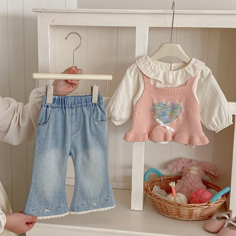 【BABY】ハートニットベスト＆フリルシャツ、ハート刺繍デニムSK103713