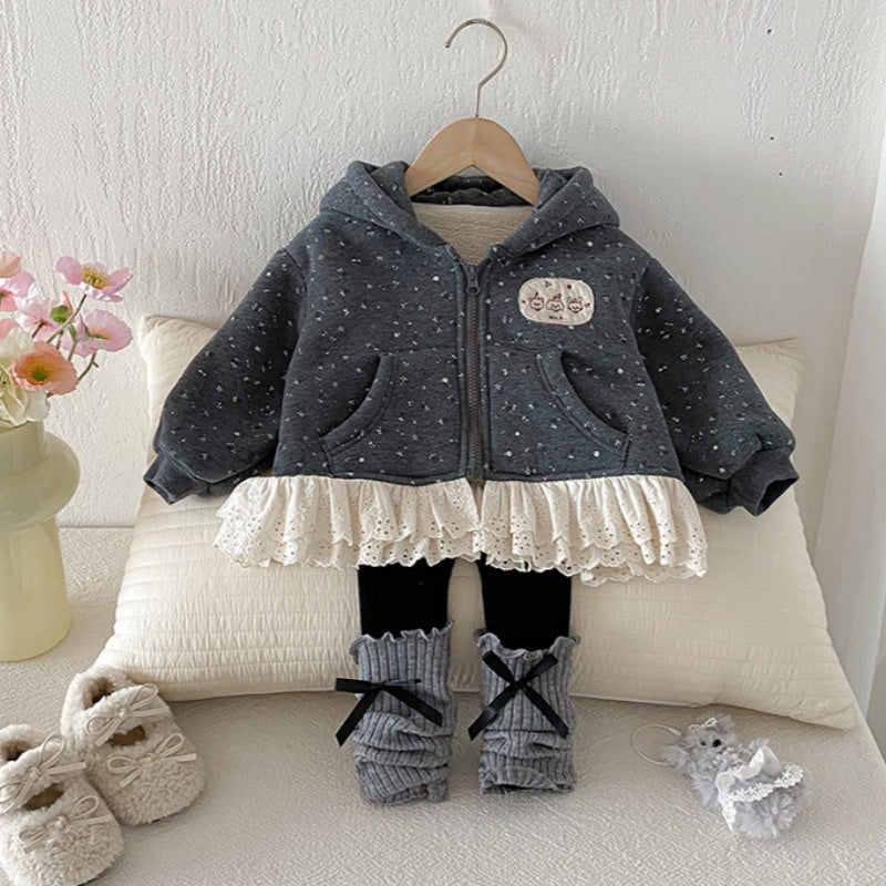 【BABY】冬新作花柄レースフード付き裏起毛アウターSK102721