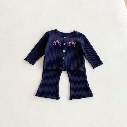 【BABY&KID】無地刺繍蝶結びリブセットアップSK092431