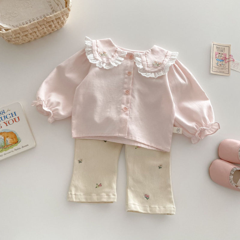 【BABY&KID】夏新作 ピンク刺繍ブラウス、刺繍フレアパンツセットSK070610
