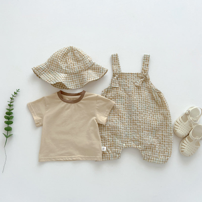 【BABY】夏新作 帽子付きチェックサロペット＆シャツ3点セットSK062602