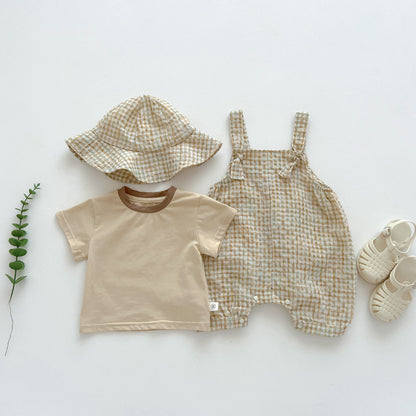 【BABY】夏新作 帽子付きチェックサロペット＆シャツ3点セットSK062602