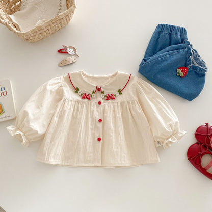 【BABY&KID】いちご刺繍ブラウス、いちごデニムパンツSK100319