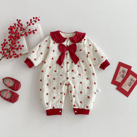 【BABY】冬新作大きなリボン付きいちご裏起毛カバーオールSK102711