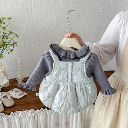 【BABY】冬新作蝶結びキルティングロンパース、フリル襟ニットSK107609
