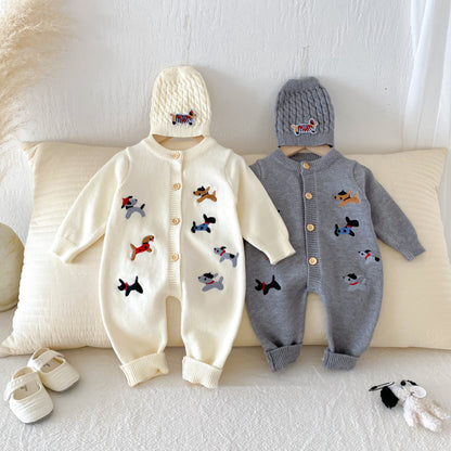 【BABY】ワンちゃん刺繍ニットカバーオール＆帽子SK092505
