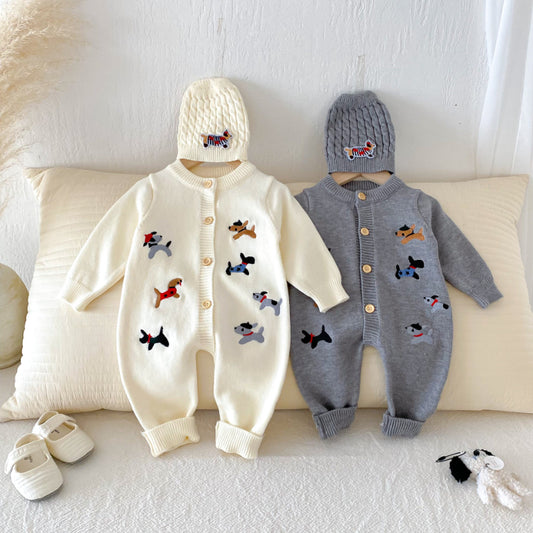 【BABY】ワンちゃん刺繍ニットカバーオール＆帽子SK092505